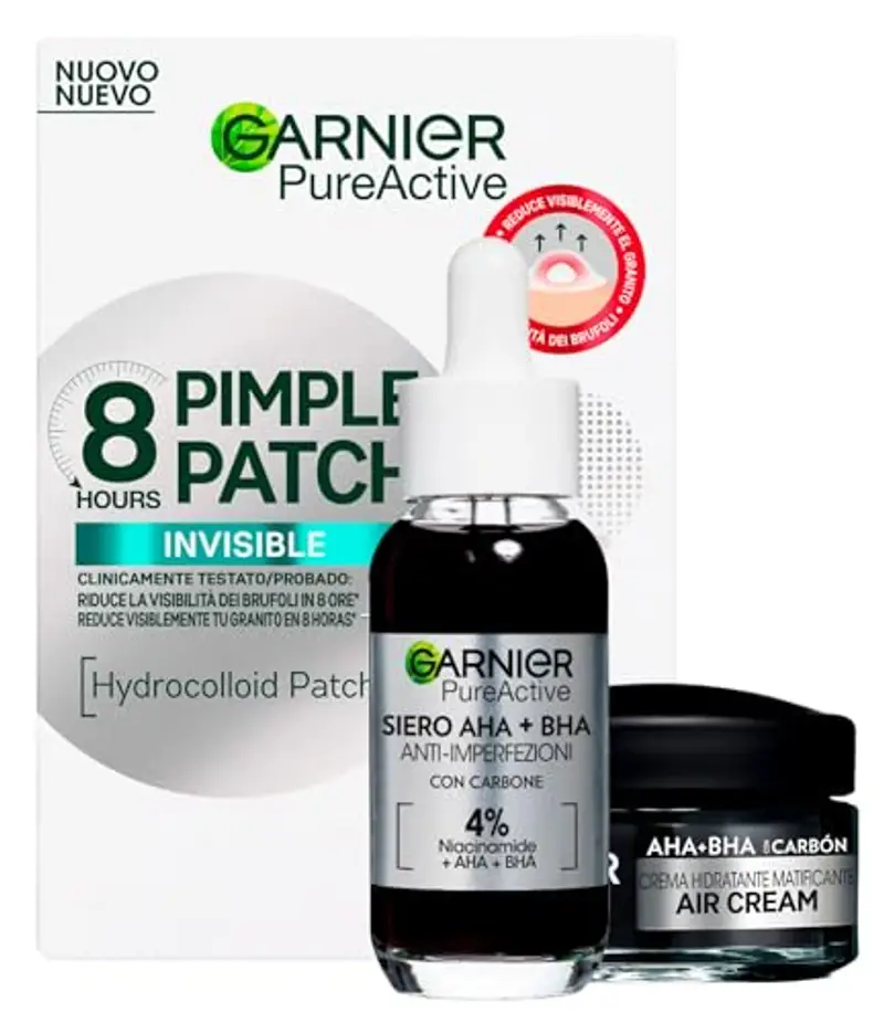 Garnier PureActive Pimple Patch 8 Ore Invisibile sulla Pelle 22 Cerotti + Crema Viso Idratante Matificante AHA BHA con Carbone da 50ml + Siero Anti Imperfezioni Trattamento Brufoli Punti Neri da 30ml