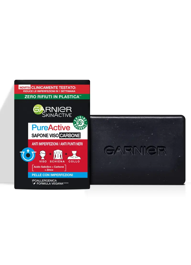 Garnier Pureactive Sapone Viso E Corpo Al Carbone, Anti-imperfezioni, Formula Vegana Con 98% Di Ingredienti Naturali, 100 G., Donna, Bianco