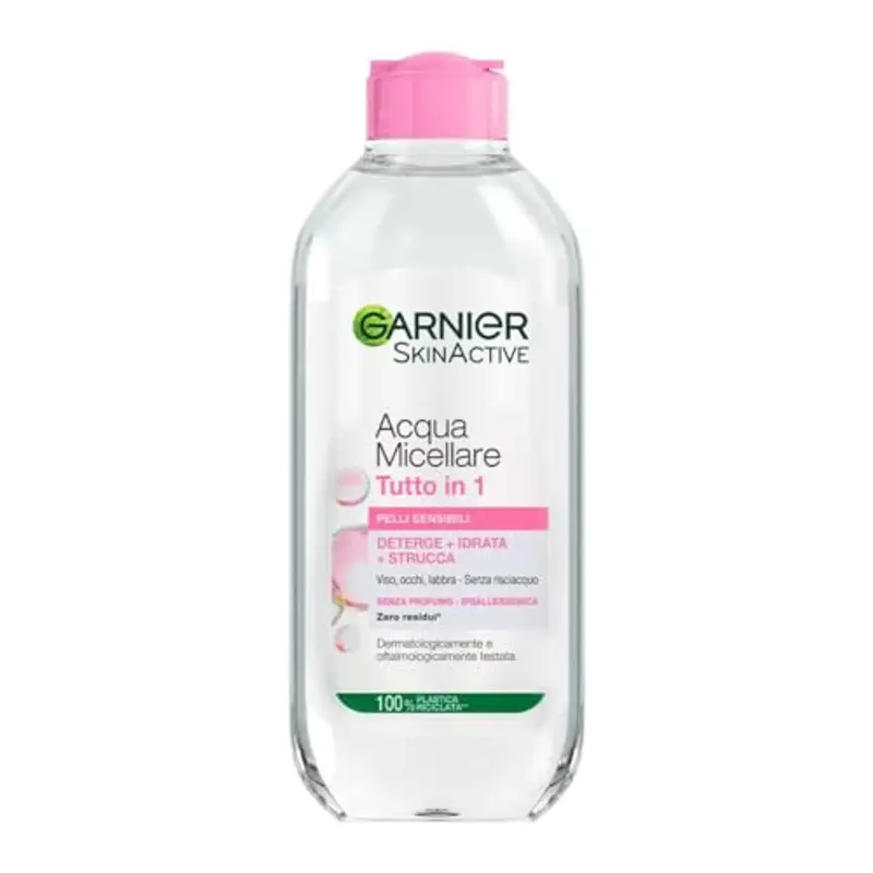 Garnier SkinActive Acqua Micellare Tutto in 1, Per Pelli Sensibili, 100% del Trucco Rimosso, Pelle Detersa e Idratata per 12H, Senza Residui e Senza Risciacquo, Con Micelle e Glicerina, 400 ml