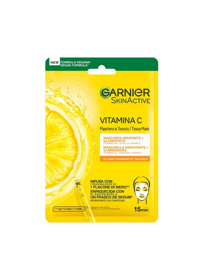Garnier Skinactive, Maschera In Tessuto Hydra Bomb Vitamina C + Acido Ialuronico, Idratante E Illuminante, Per Pelli Spente, Non Uniformi, 28g., Donna, Bianco