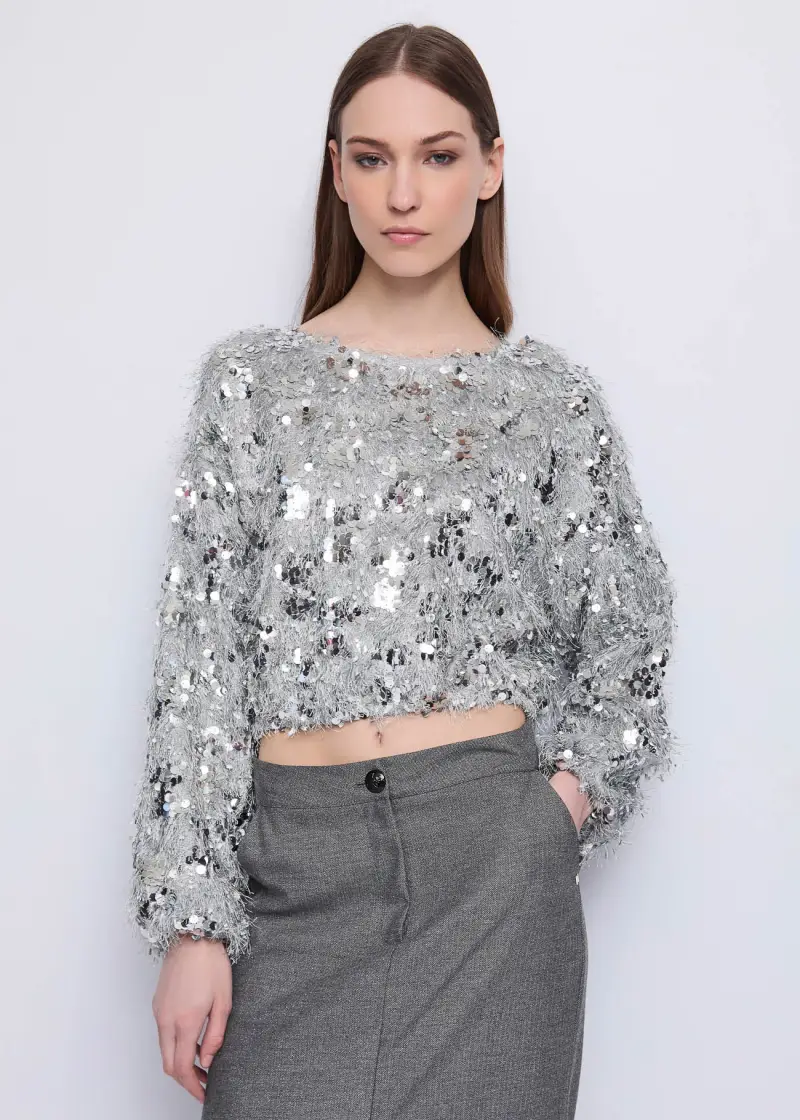 Fashion Blusa da donna con frange e paillettes Nero