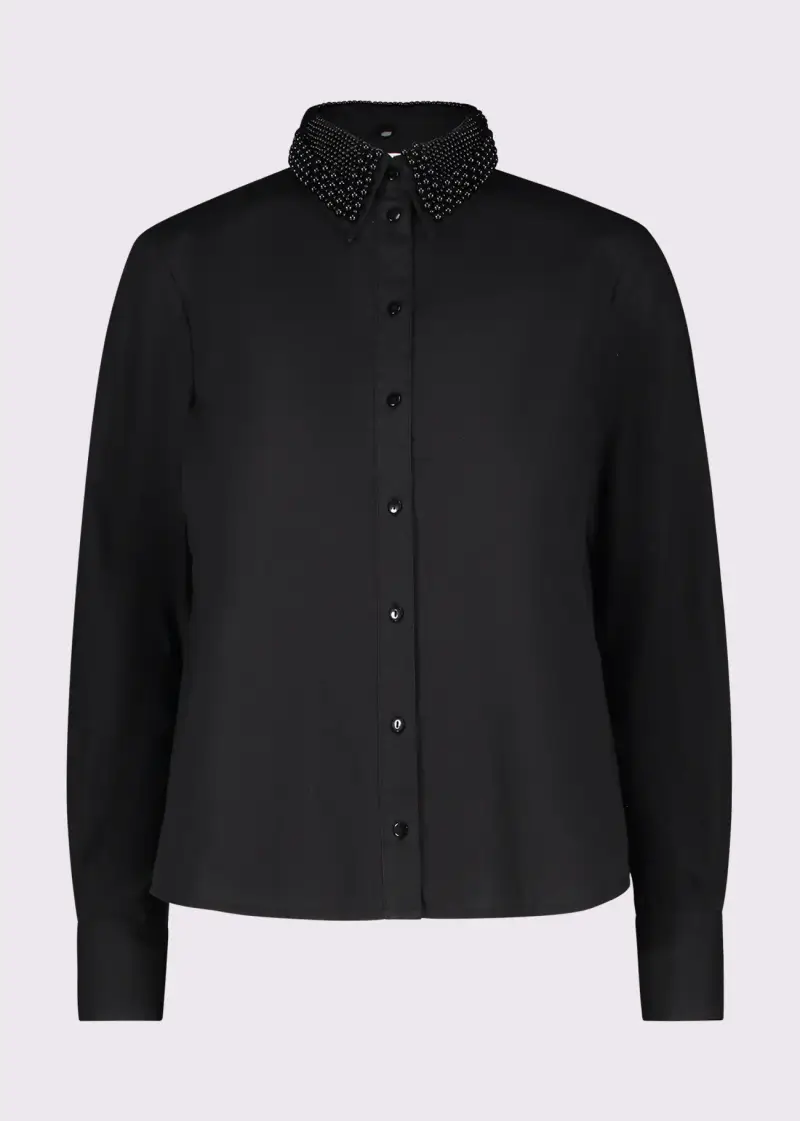Fashion Camicia nera da donna in popeline con perle Nero