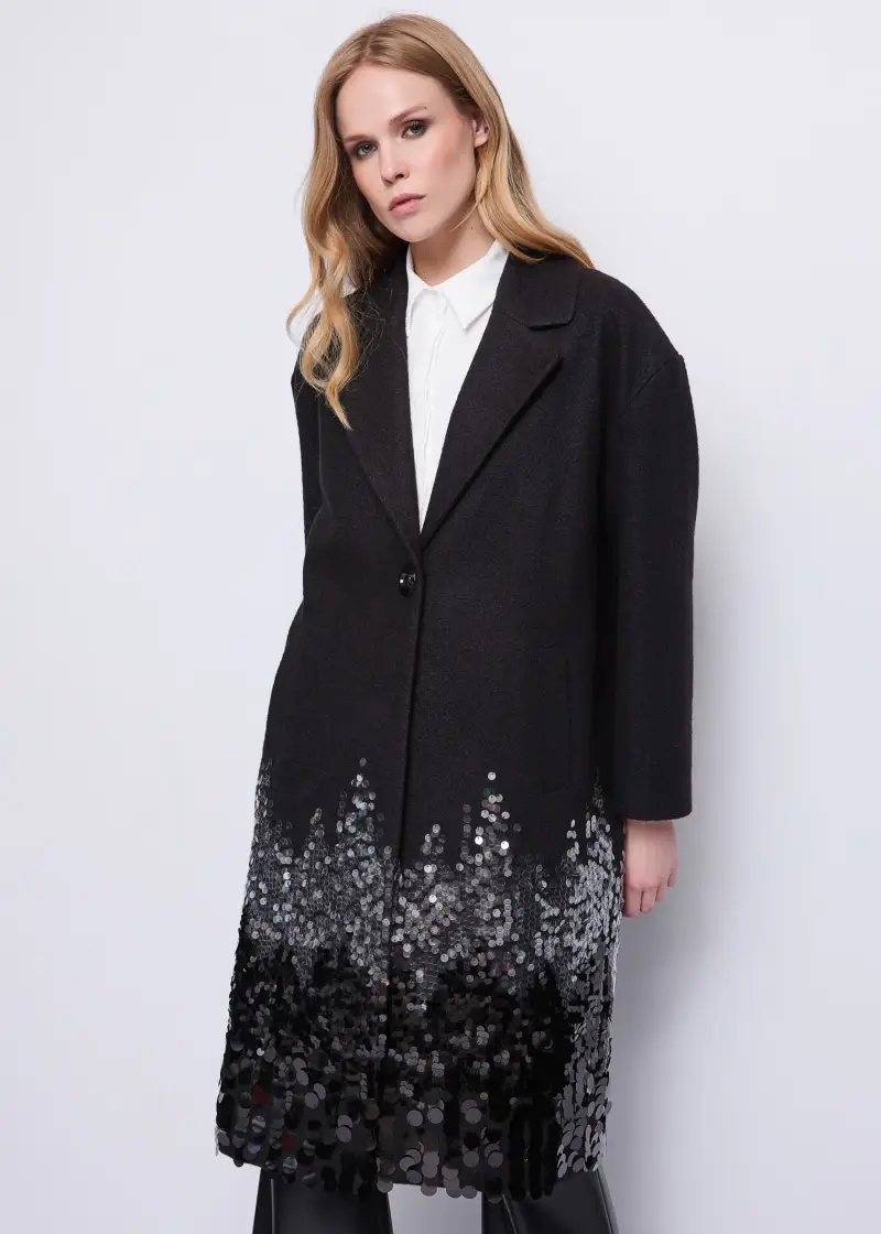 Fashion Cappotto da donna in panno con paillettes Nero