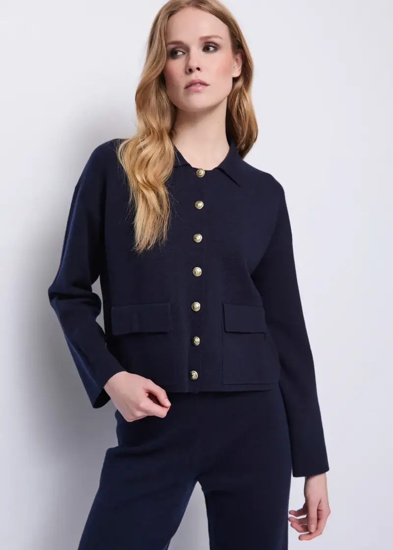 Fashion Giacca da donna in filato con bottoni dorati Blu