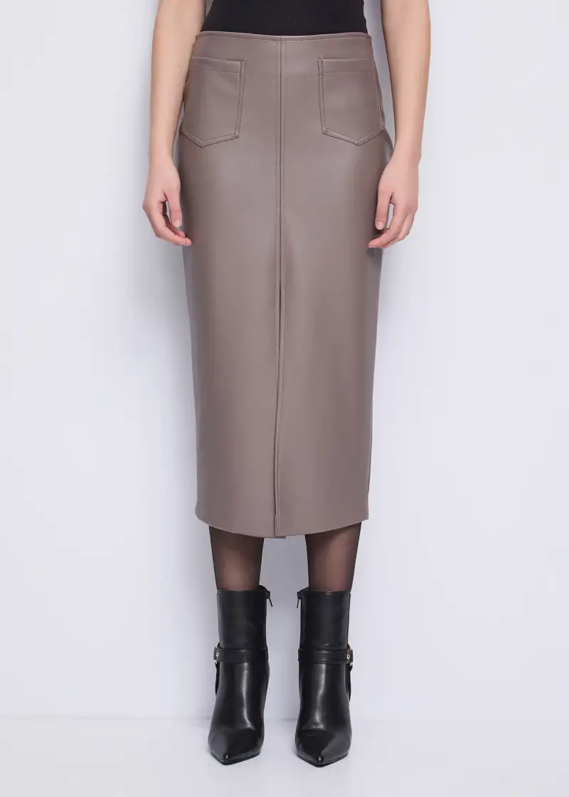 Fashion Gonna longuette in similpelle con spacco Marrone