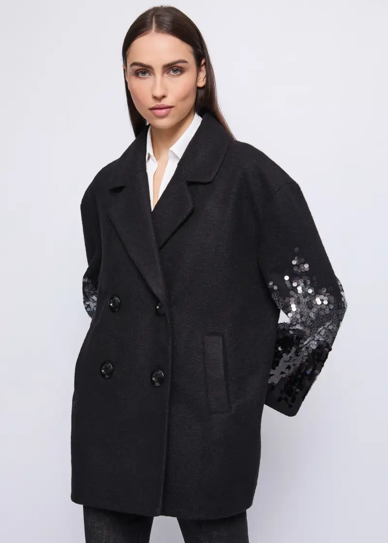 Fashion Peacoat da donna in panno con paillettes Nero
