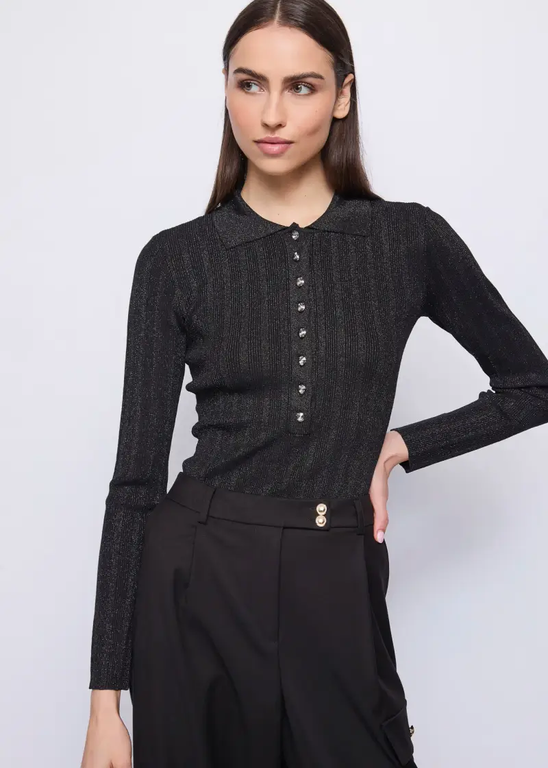 Fashion Polo nera da donna in filato lurex Nero