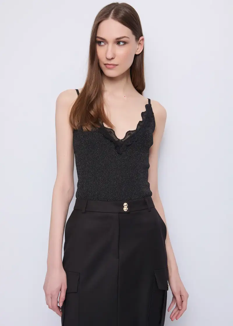Fashion Top da donna in filato lurex con pizzo Nero