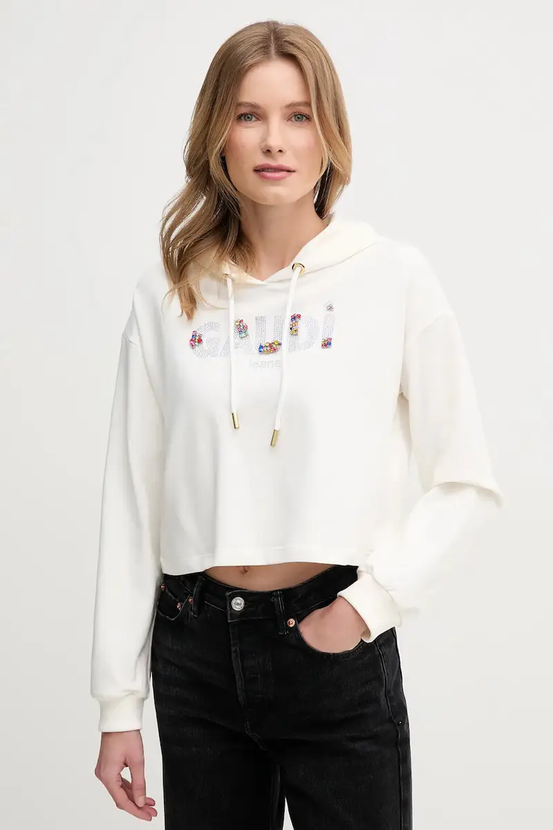 felpa donna colore beige con cappuccio con applicazione 511BD64033