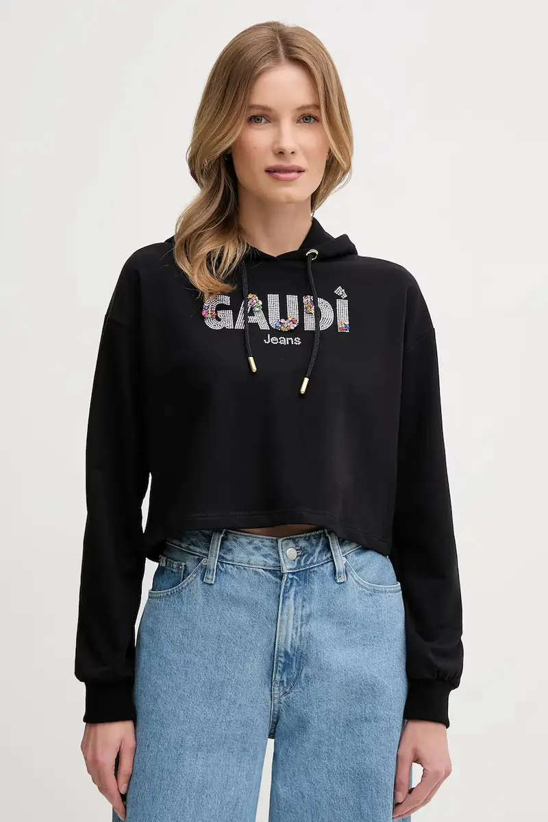 felpa donna colore nero con cappuccio con applicazione 511BD64033