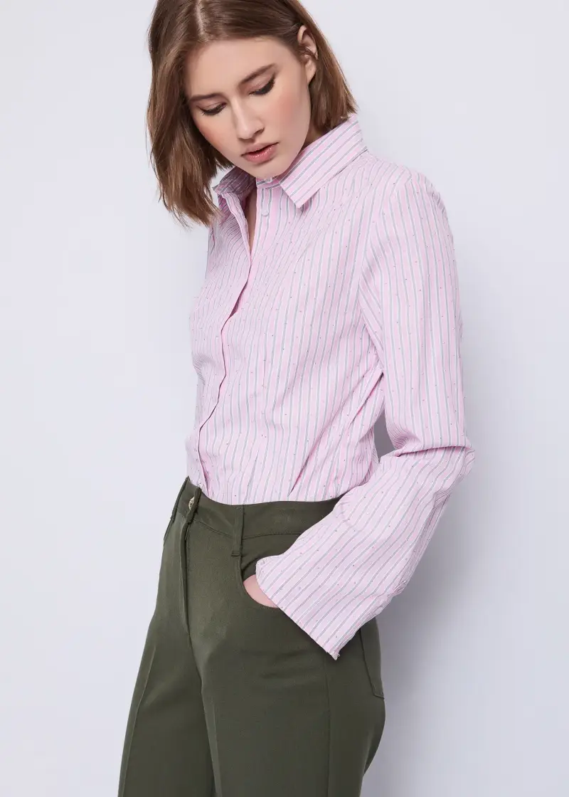 Jeans Camicia da donna con motivo a righe e strass Multicolore