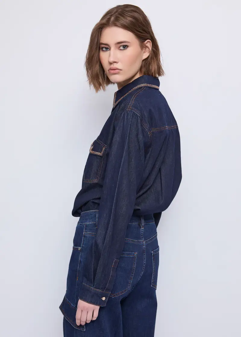 Jeans Camicia da donna in denim con strass Multicolore miniatura 2