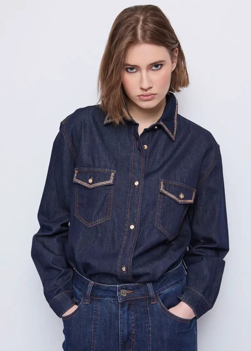 Jeans Camicia da donna in denim con strass Multicolore