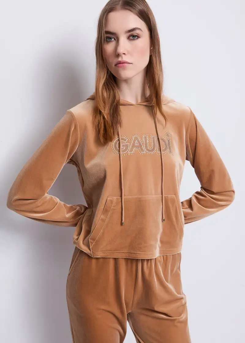 Jeans Felpa beige da donna in ciniglia con cappuccio e strass Marrone