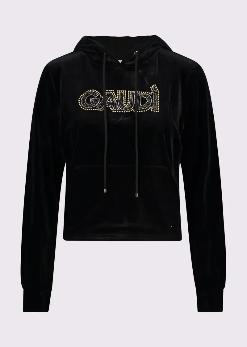 Jeans Felpa nera da donna in ciniglia con cappuccio e strass Nero