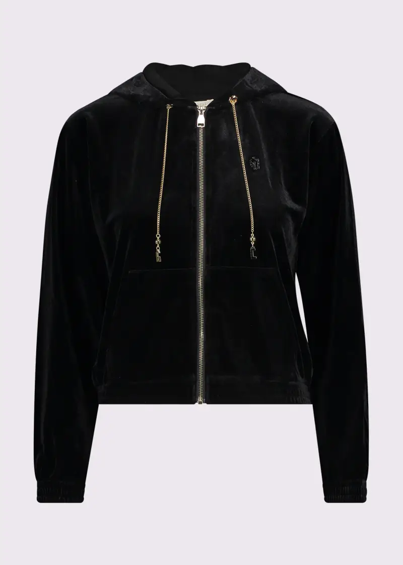 Jeans Felpa nera da donna in ciniglia con cappuccio e zip Nero