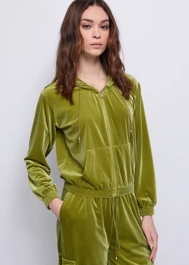 Jeans Felpa verde da donna in ciniglia con cappuccio e zip