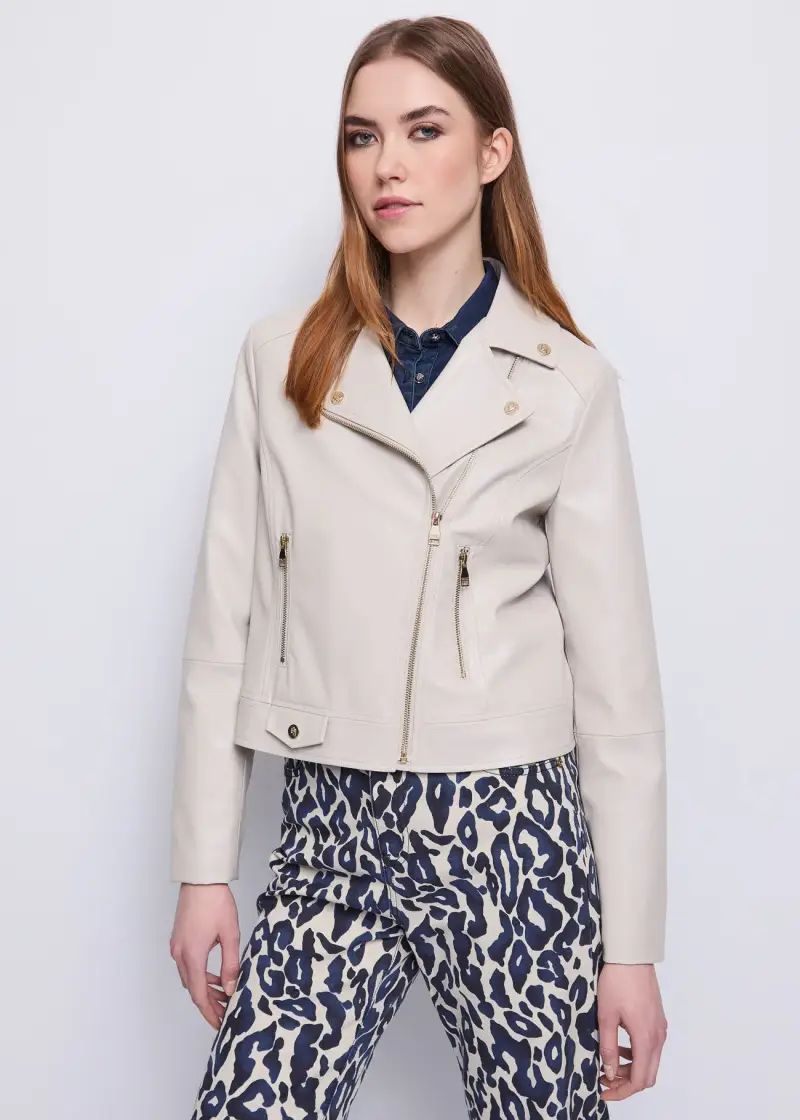 Jeans Giacca biker da donna con revers e zip Naturale