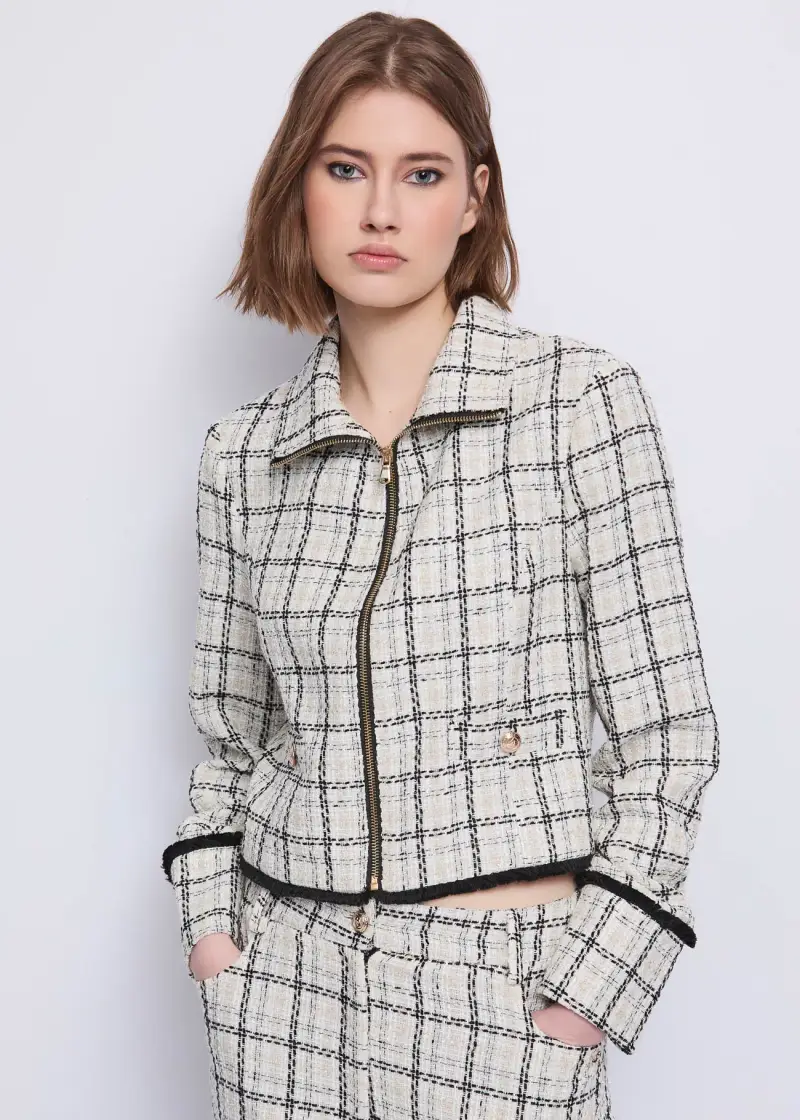 Jeans Giacca da donna con motivo check e zip Multicolore