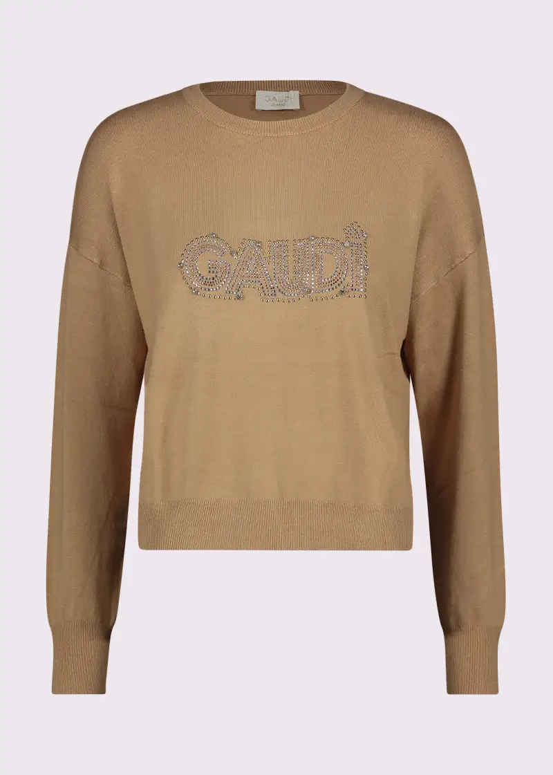 Jeans Maglia beige da donna con logo e strass Marrone