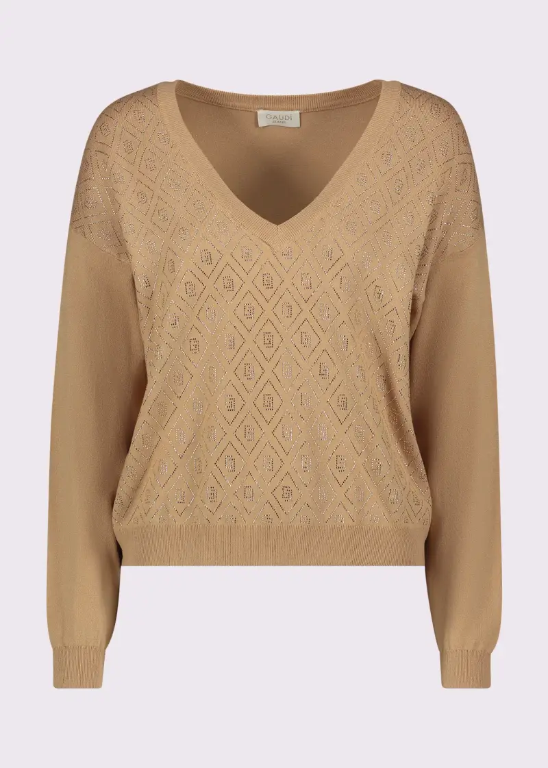 Jeans Maglia beige da donna con scollo a V e logo Marrone