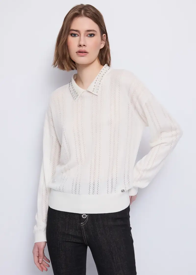 Jeans Maglia bianca da donna con colletto e strass Bianco