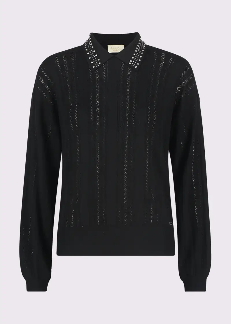 Jeans Maglia nera da donna con colletto e strass Nero