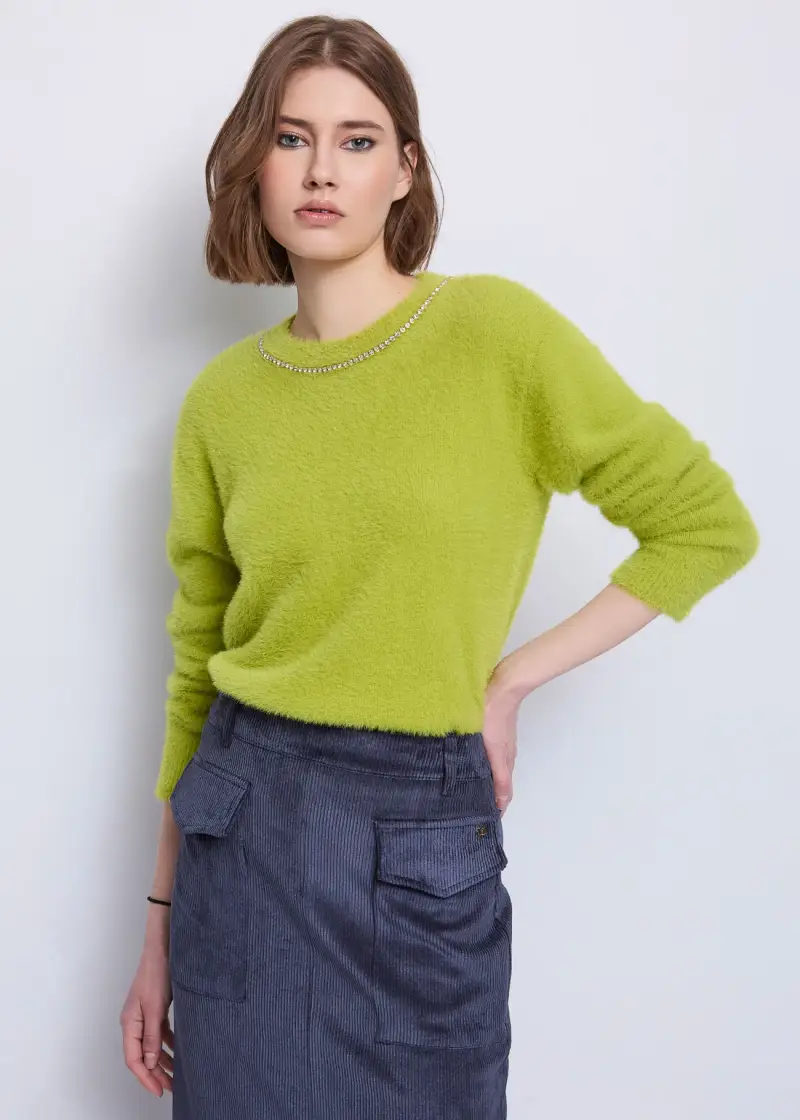 Jeans Maglia verde da donna con strass