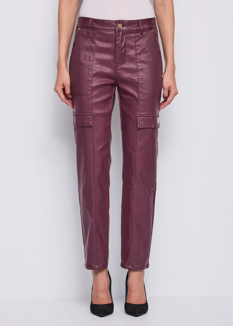 Jeans Pantaloni da donna effetto similpelle con tasche cargo Rosso