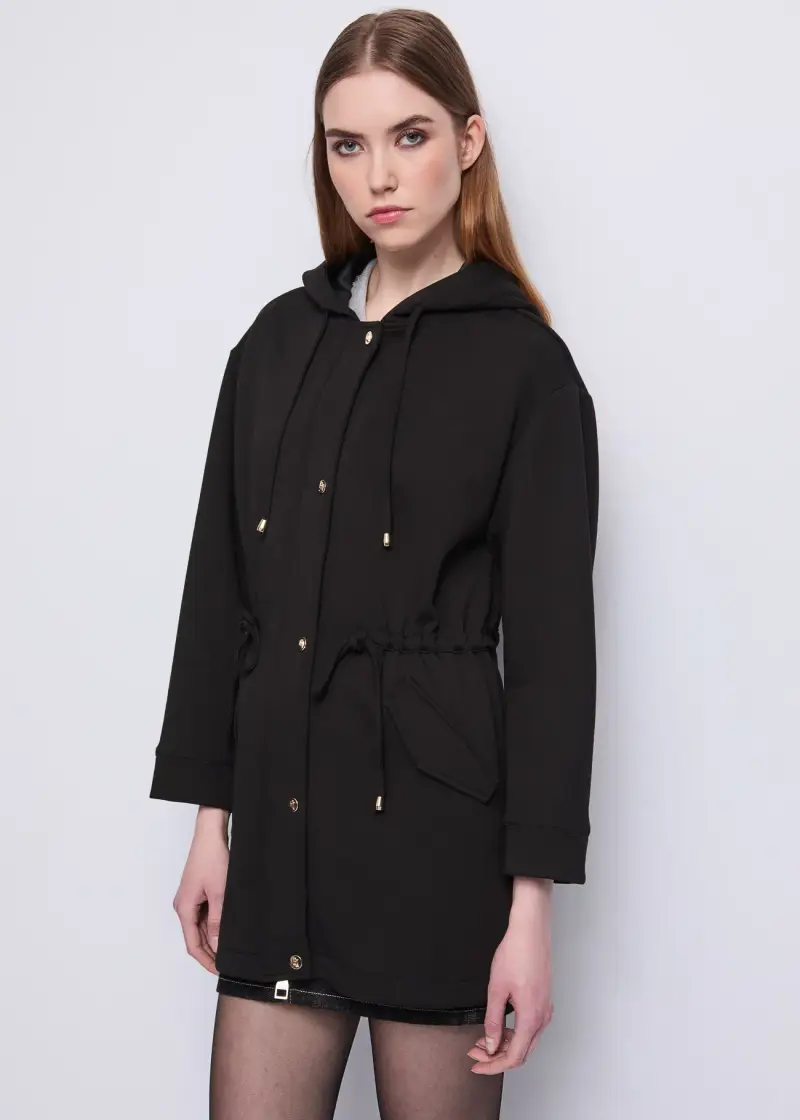 Jeans Parka da donna in misto cotone con cappuccio Nero miniatura 2