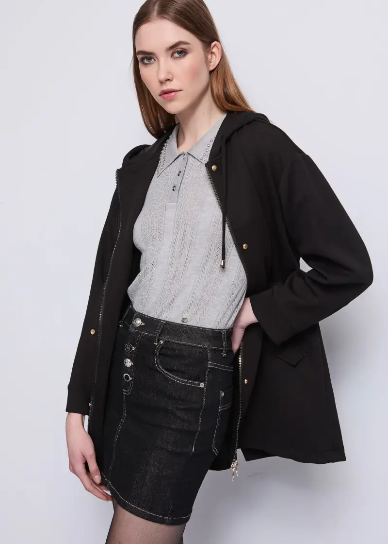 Jeans Parka da donna in misto cotone con cappuccio Nero