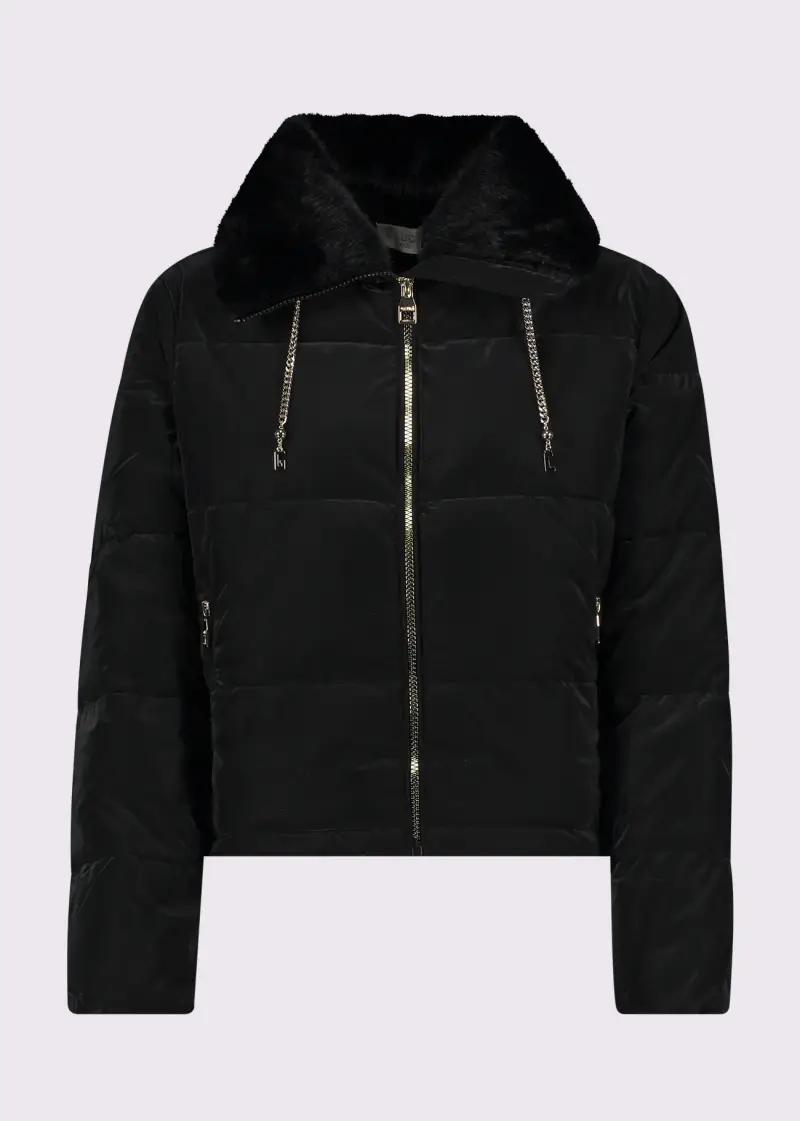 Jeans Piumino corto da donna con cappuccio e coulisse a catena Nero