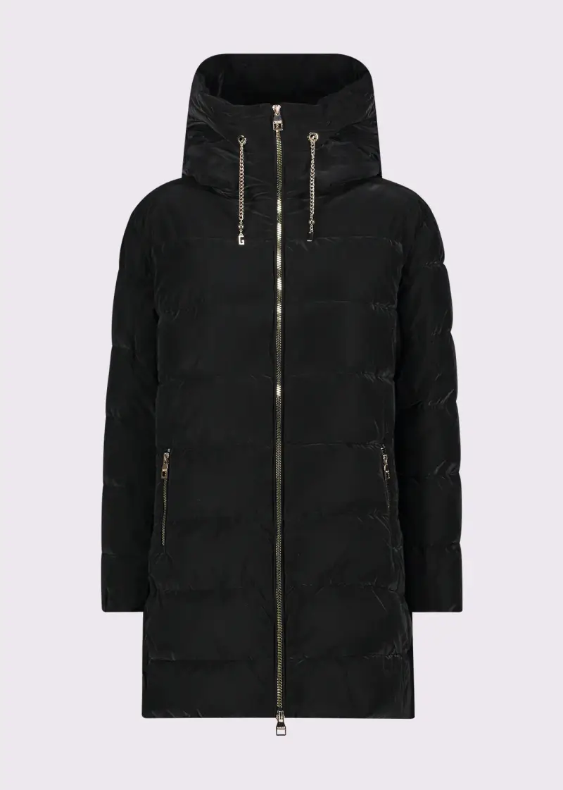 Jeans Piumino da donna con cappuccio e coulisse a catena Nero