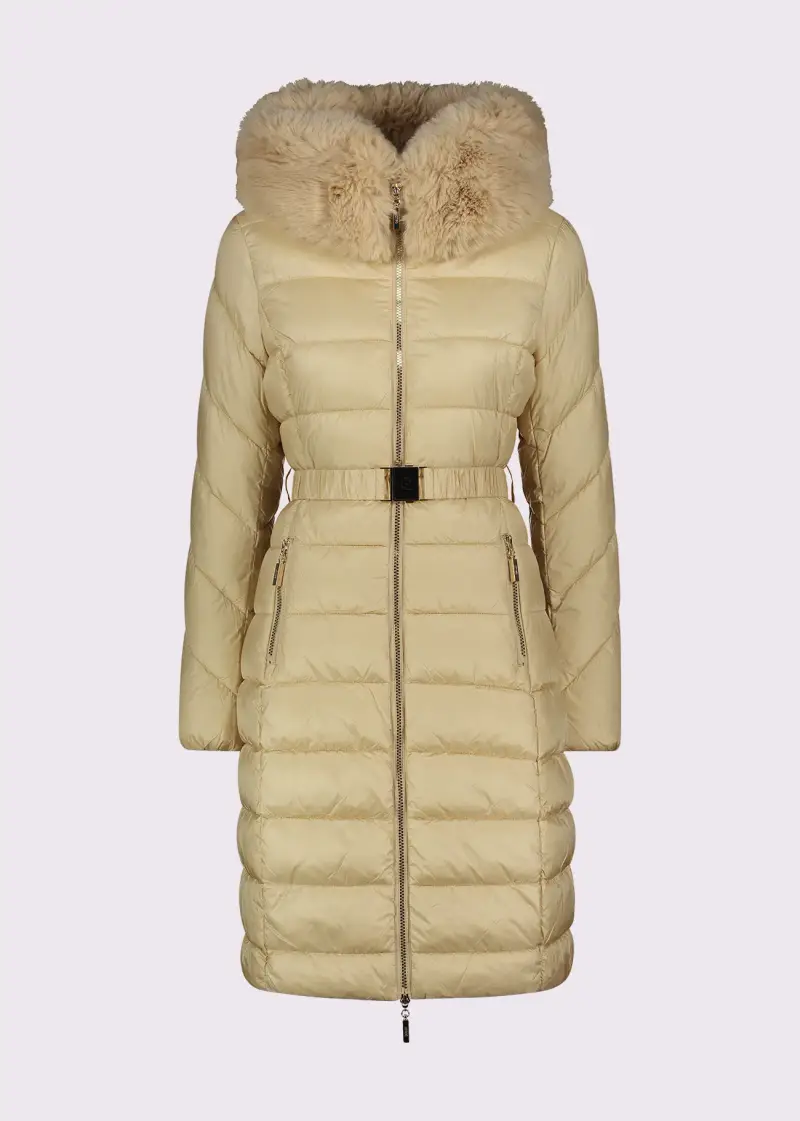 Jeans Piumino lungo da donna con pelliccia e cintura Naturale