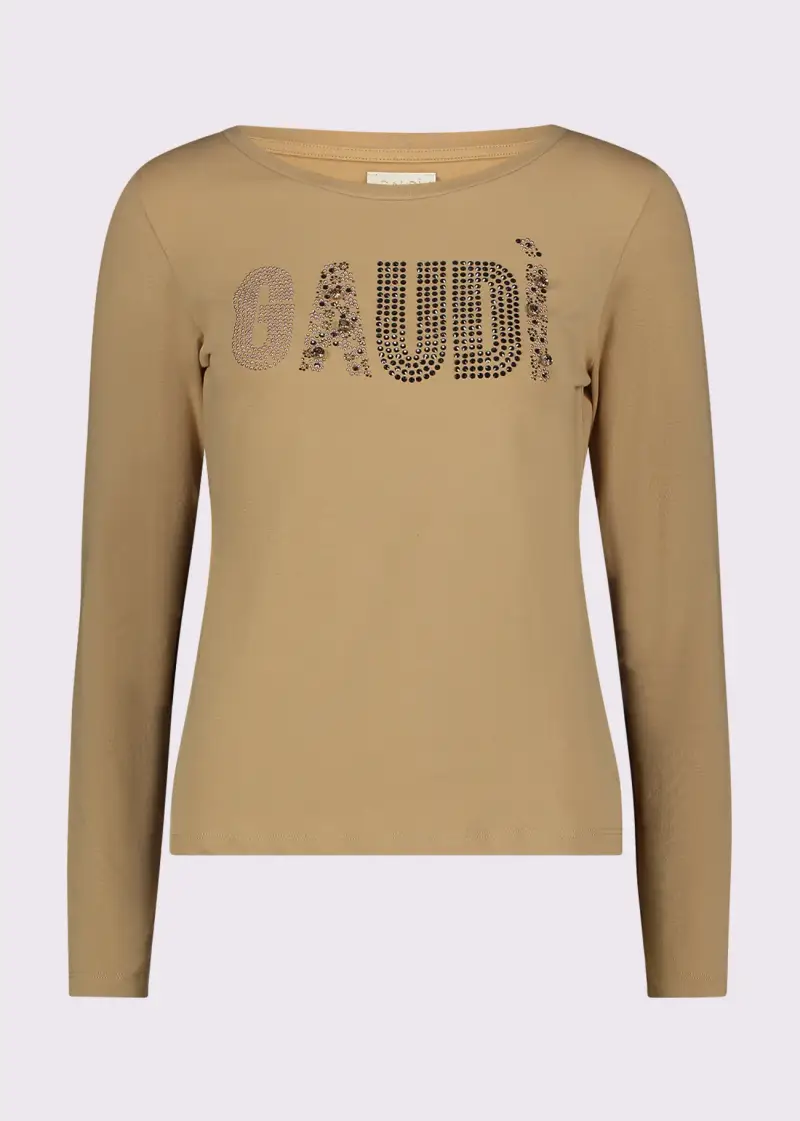 Jeans T-shirt beige da donna in jersey con strass e borchie Marrone