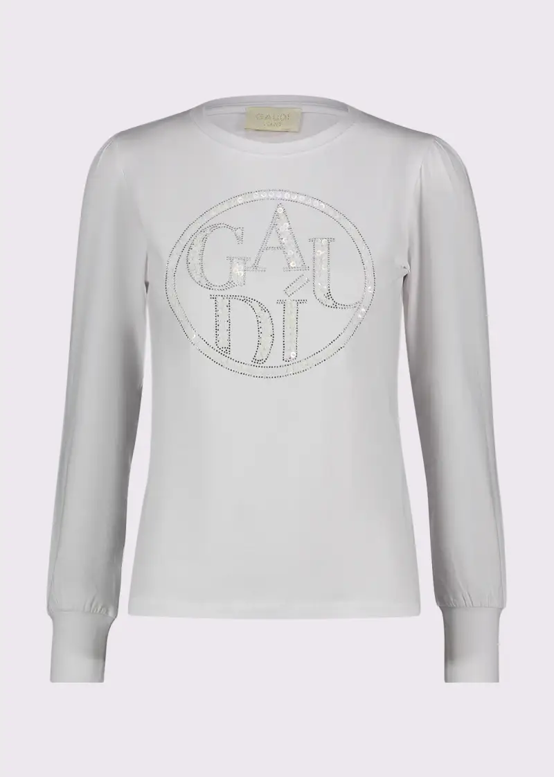 Jeans T-shirt bianca da donna con paillettes e strass Bianco