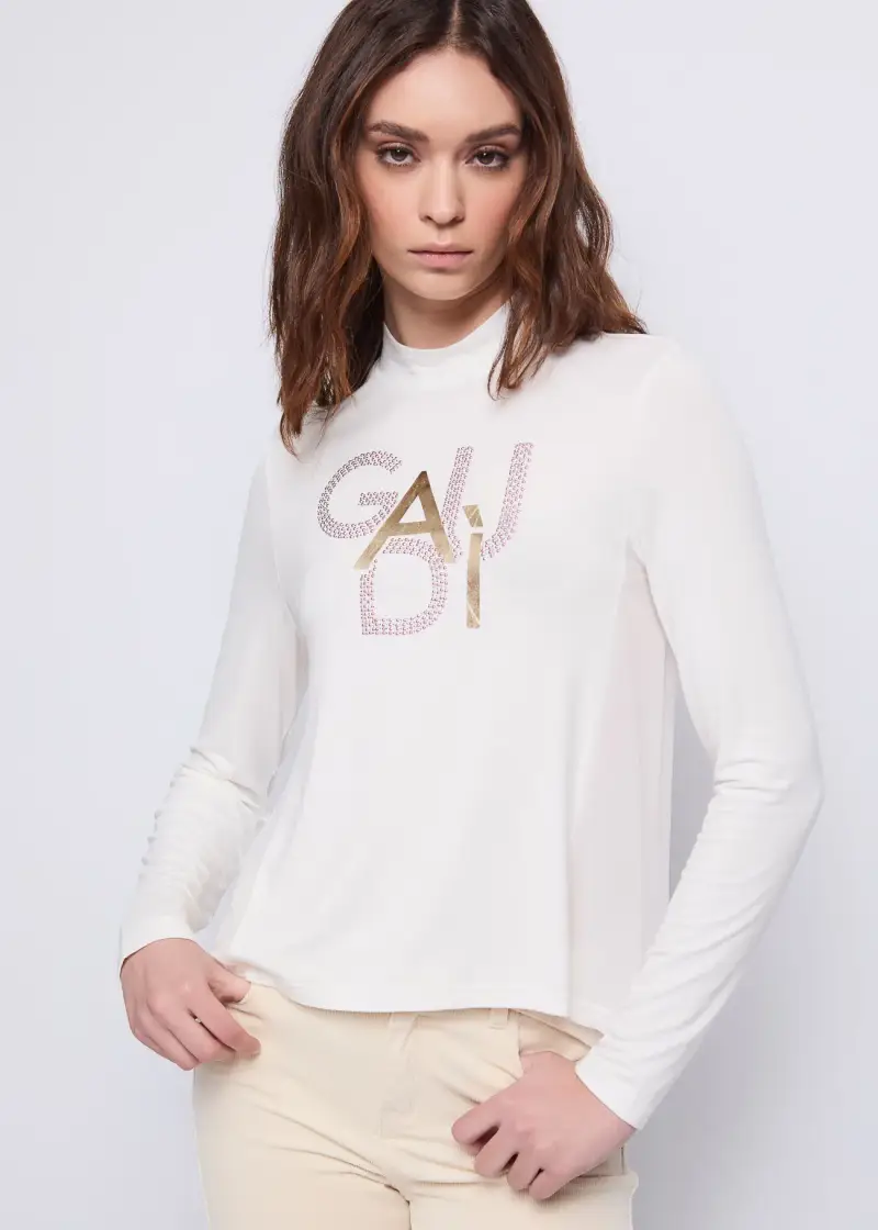 Jeans T-shirt bianca da donna in jersey e georgette con strass Bianco