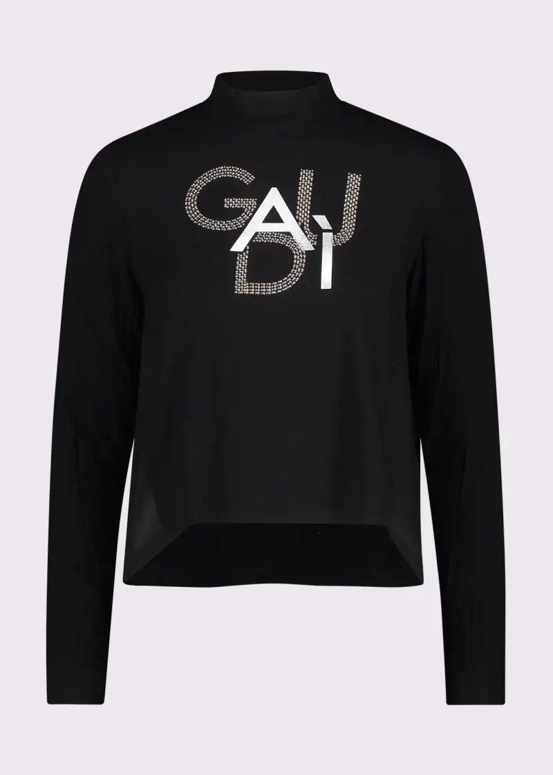 Jeans T-shirt nera da donna in jersey e georgette con strass Nero