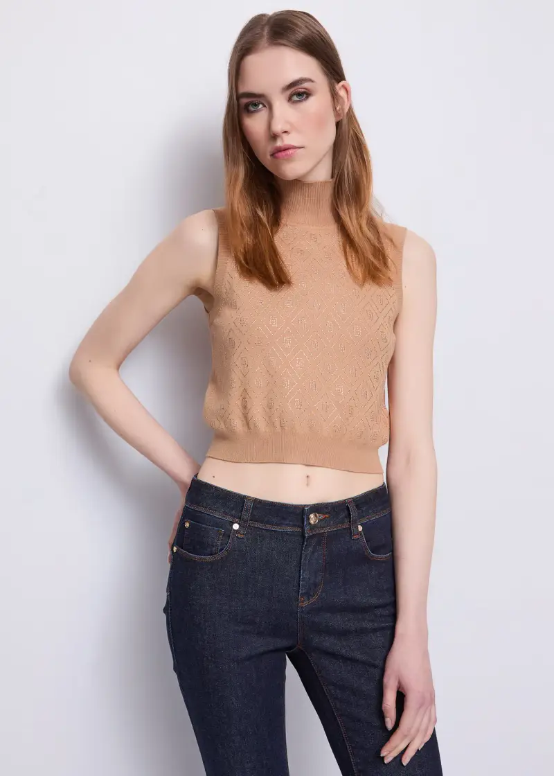 Jeans Top da donna in filato con strass Marrone