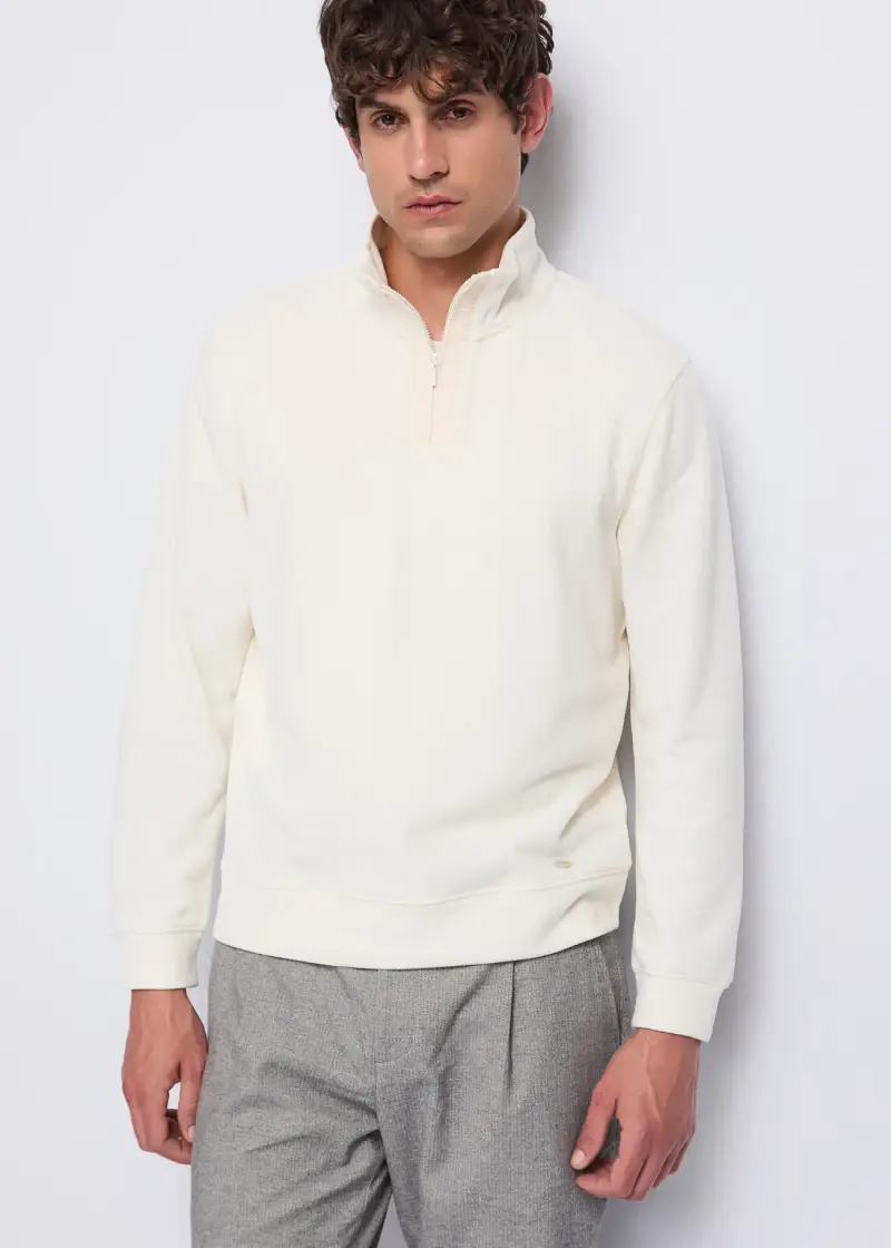 Uomo Maglia beige in cotone con zip Bianco