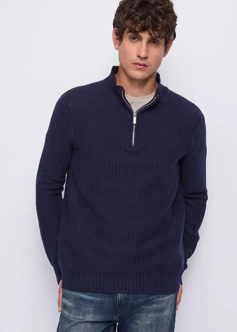 Uomo Maglia in lana e cotone con zip Blu