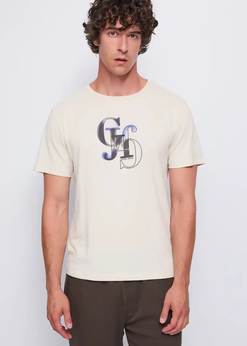 Uomo T-shirt beige in cotone con logo Bianco