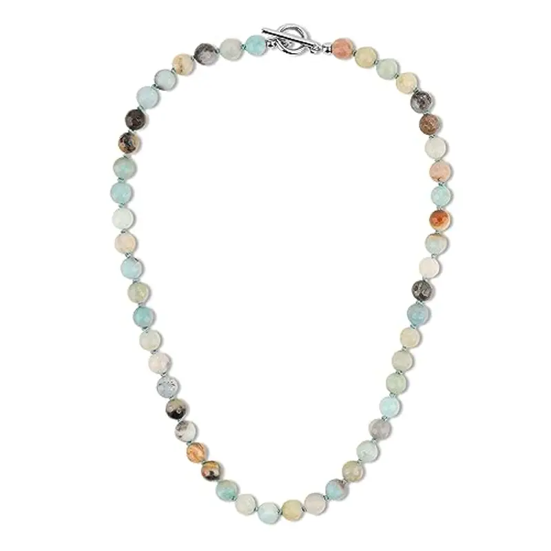 GAVU Collana da Uomo con Perle di Pietre Dure Amazzonite Annodate a Mano Una ad Una e Chiusura Barra T