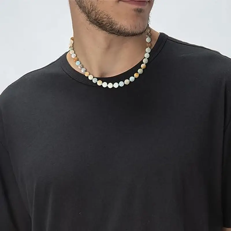 GAVU Collana da Uomo con Perle di Pietre Dure Amazzonite Annodate a Mano Una ad Una e Chiusura Barra T miniatura 2