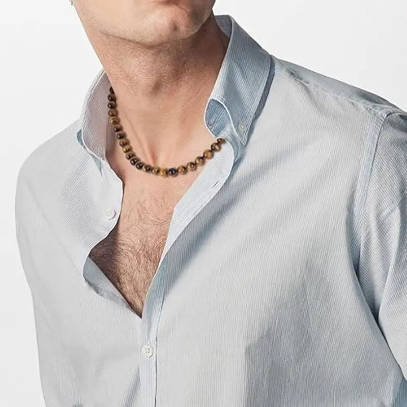 GAVU Collana da Uomo con Perline di Pietra Semipreziosa Occhio di Tigre Annodate a Mano Una ad Una e Chiusura Barra T miniatura 2