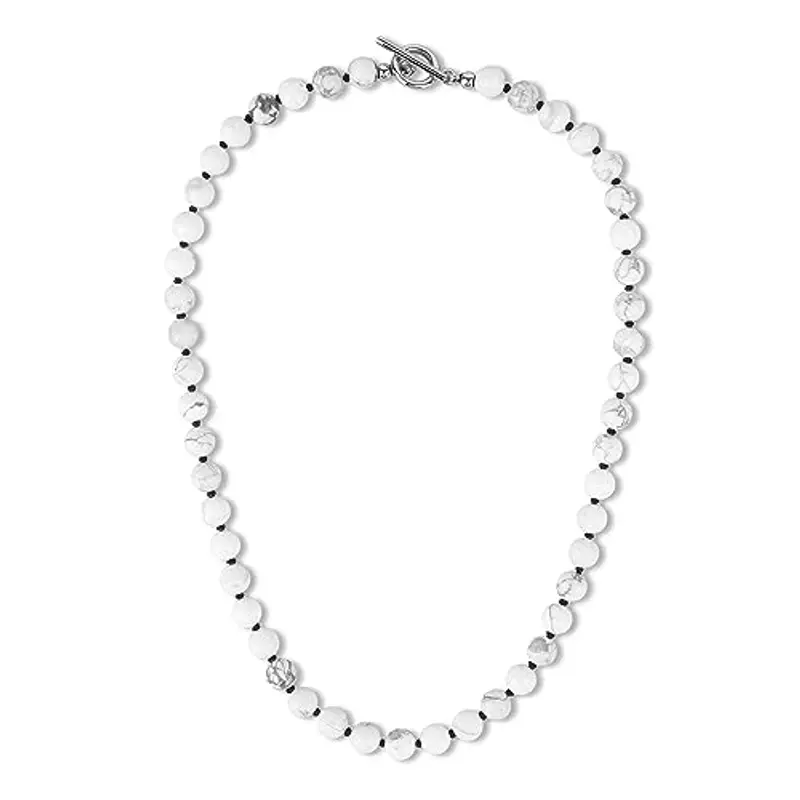 GAVU Collana da Uomo con Perline Sfaccettate di Pietra Naturale Howlite Annodate a Mano Una ad Una e Chiusura T-Bar