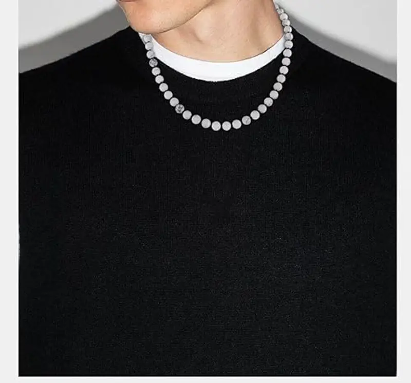 GAVU Collana da Uomo con Perline Sfaccettate di Pietra Naturale Howlite Annodate a Mano Una ad Una e Chiusura T-Bar miniatura 2