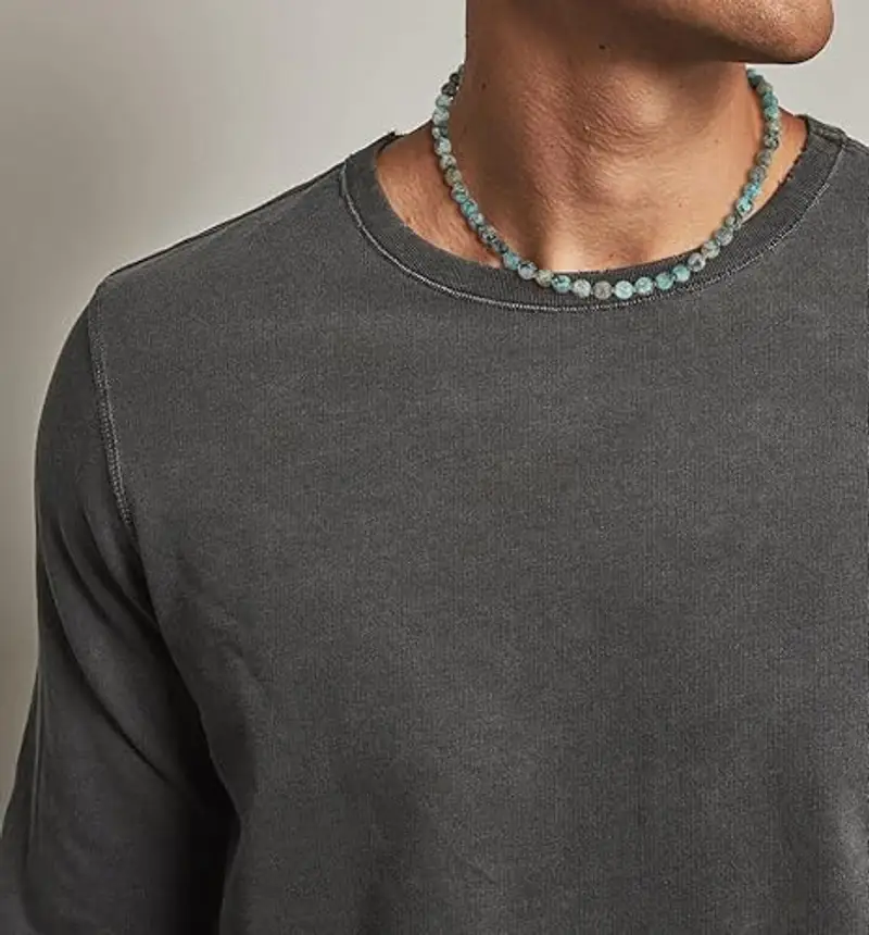 GAVU Collana da Uomo con Perline Sfaccettate di Pietra Naturale Turchese Africano Annodate a Mano Una ad Una e Chiusura T-Bar miniatura 2