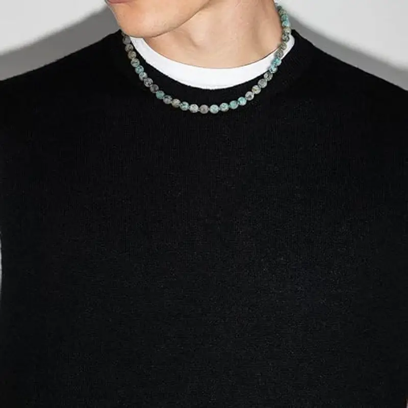 GAVU Collana da Uomo con Perline Sfaccettate di Pietra Naturale Turchese Africano Annodate a Mano Una ad Una e Chiusura T-Bar miniatura 3