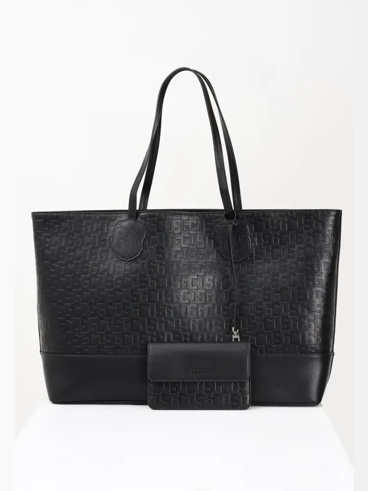 borsa shopping in ecopelle nera con logo all over